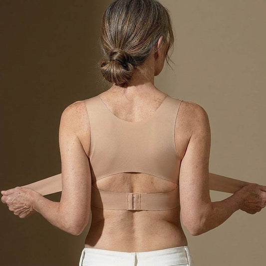 Back view: smooth back panel with two side straps you pull forward and fasten with the hook clasp