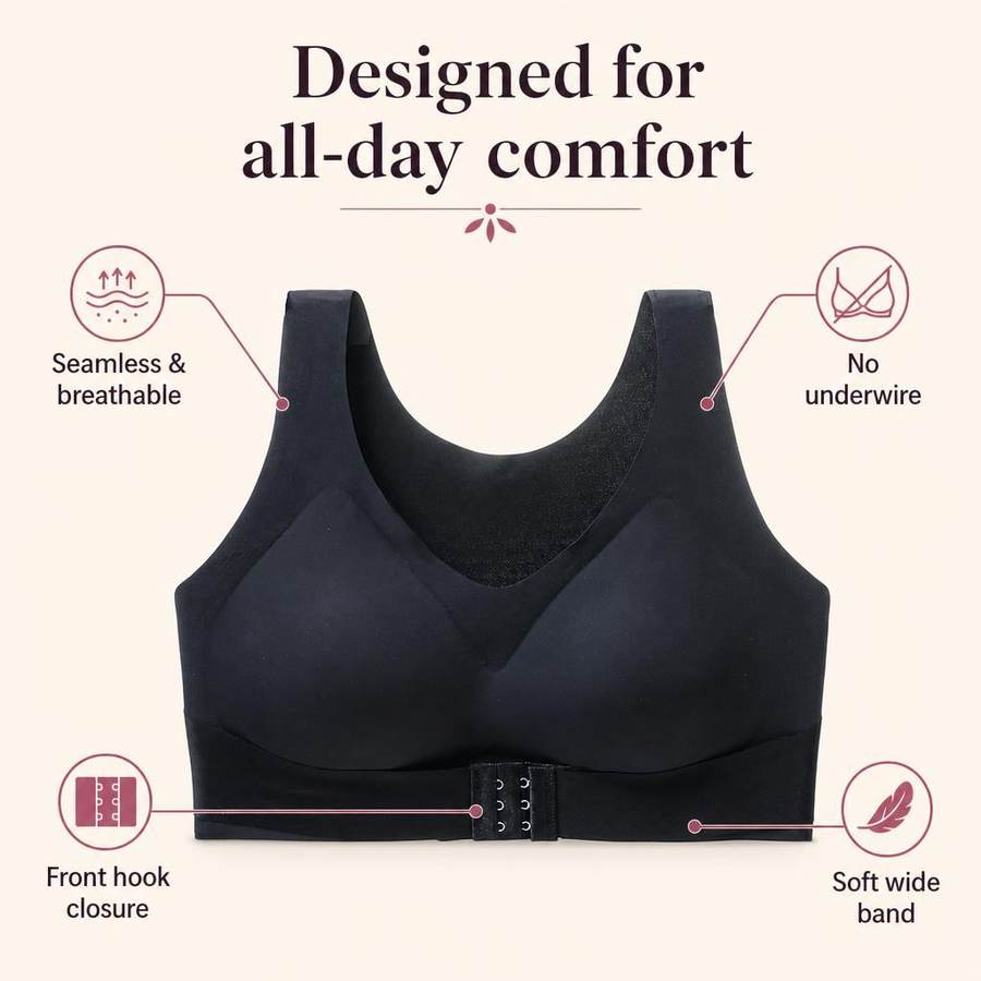 Front hook closure, no underwire, seamless and breathable
